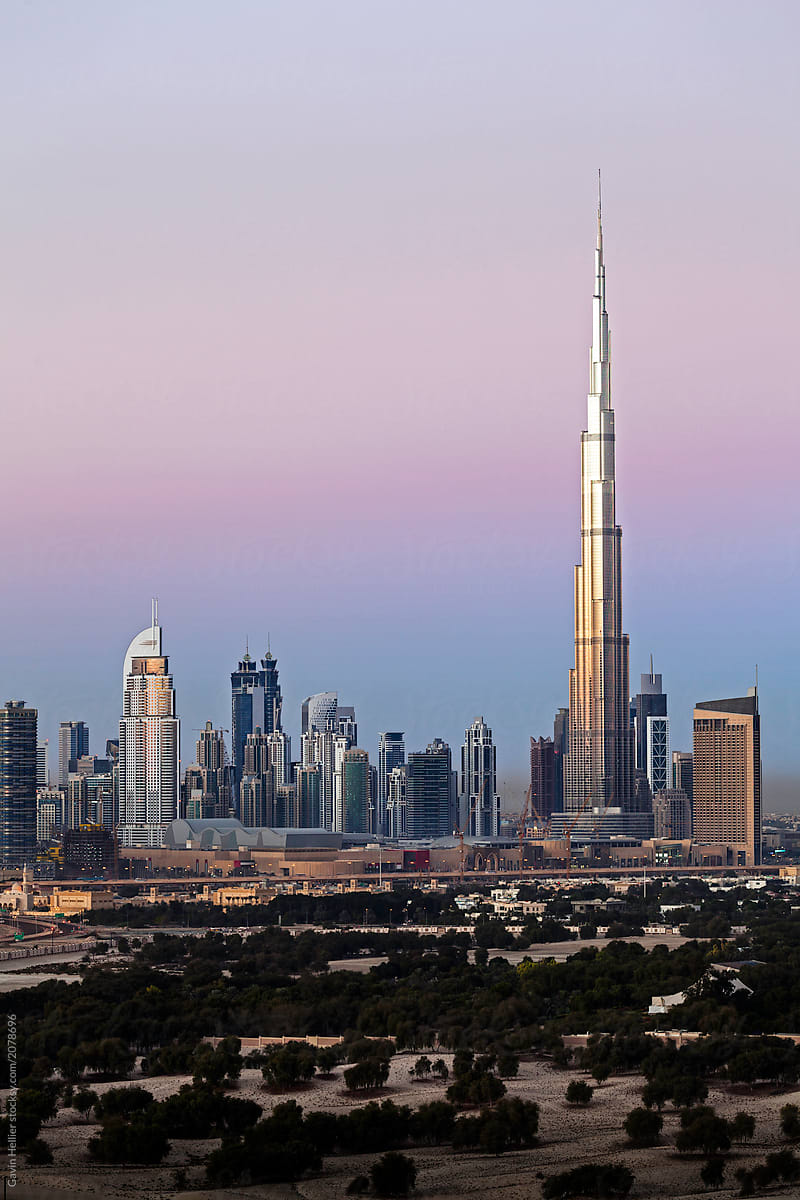 Modern city skyline at dusk, Dubai, UAE