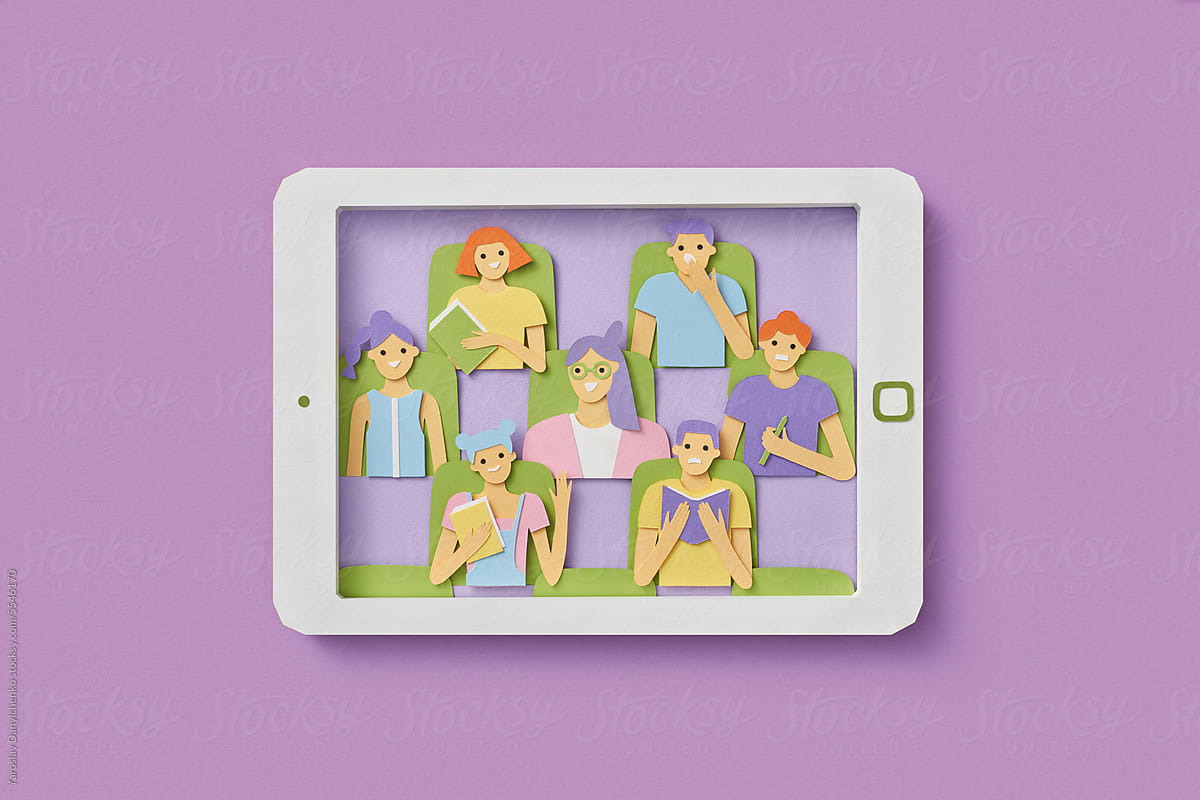 Papercraft tablet with teacher and students on video call