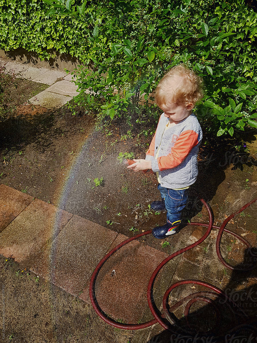 Toddler hoses the garden