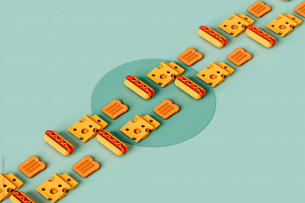 rows of fast food icons. hotdogs, cheese and bread.