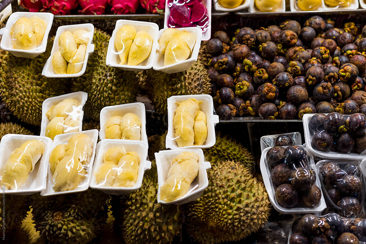 Durian fruit on sale in a street market