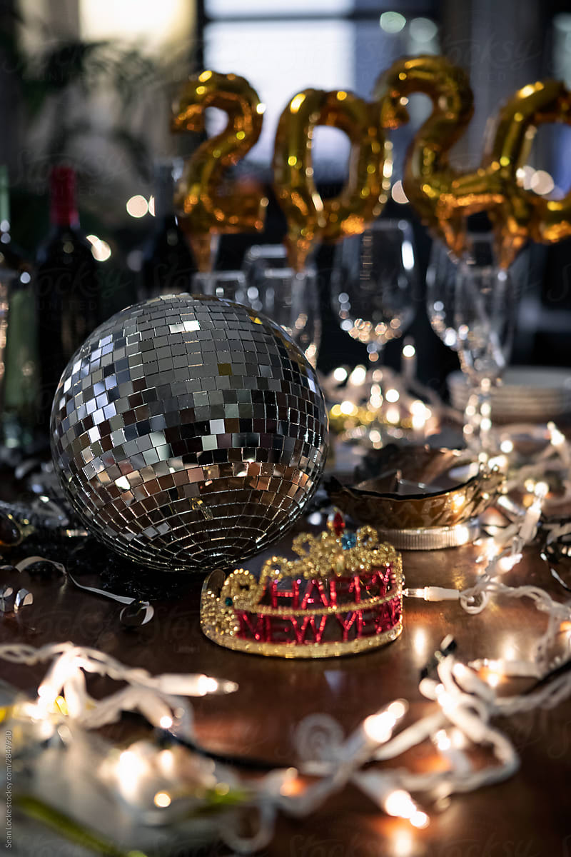 NYE: Focus On Disco Ball On Party Table With Decorations