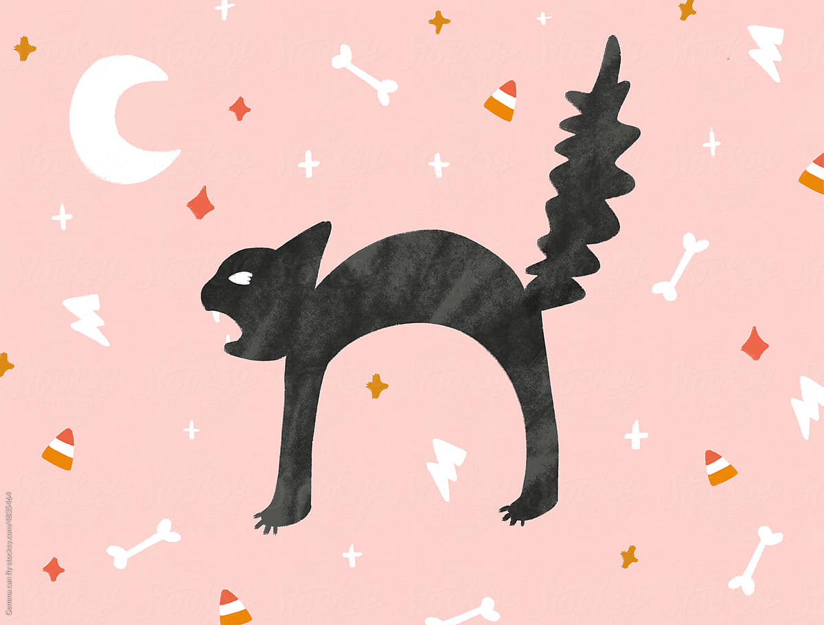 Black cat spooky Halloween illustration