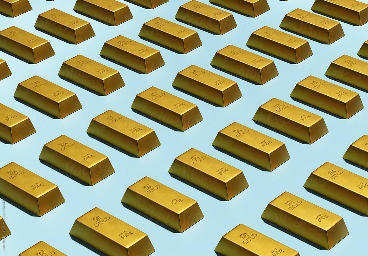 Gold bars bullion as cast bars in a repetitive pattern