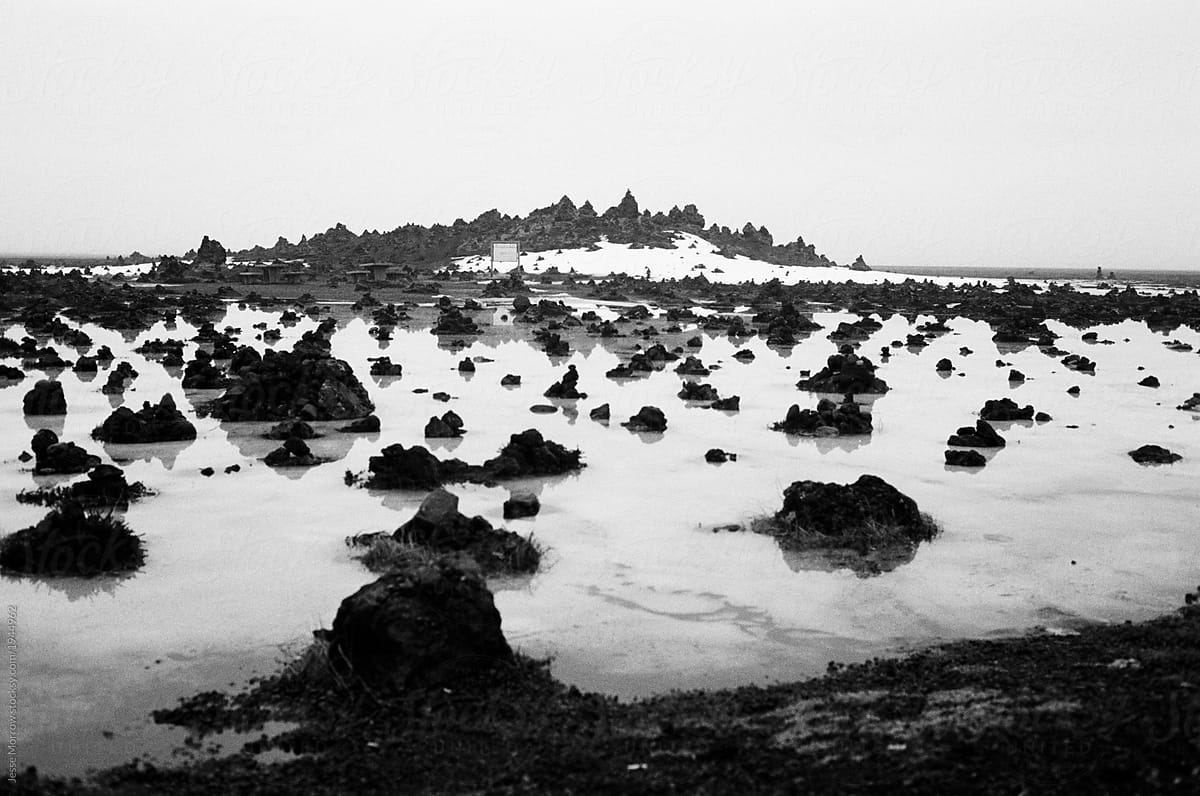 interesting volcanic rock formation at park in iceland black and white 35mm film