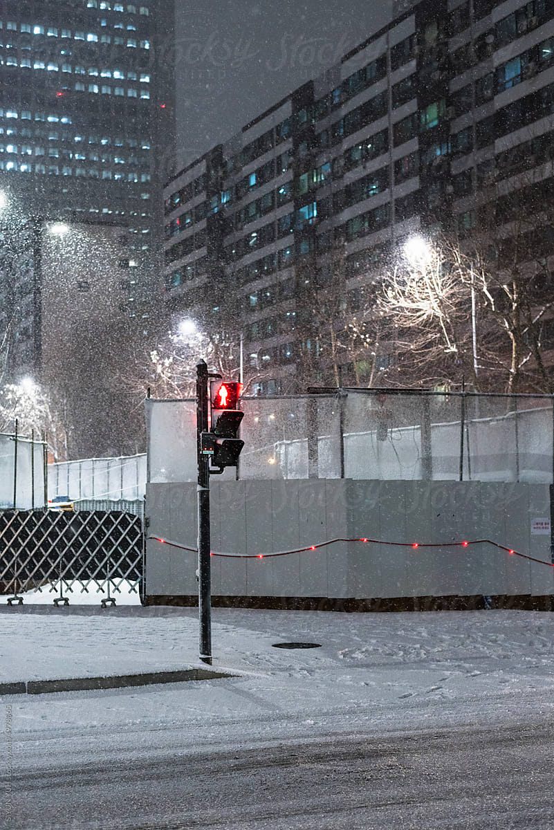 Traffic light in snowy night