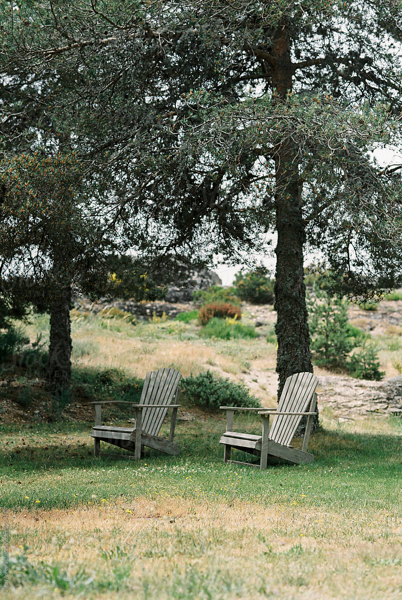 Two wooden chairs under trees
