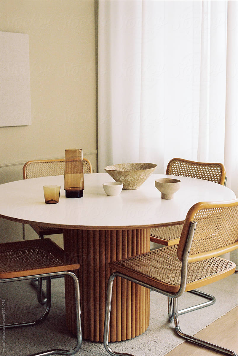 Film photo A modern dining room with stylish furniture