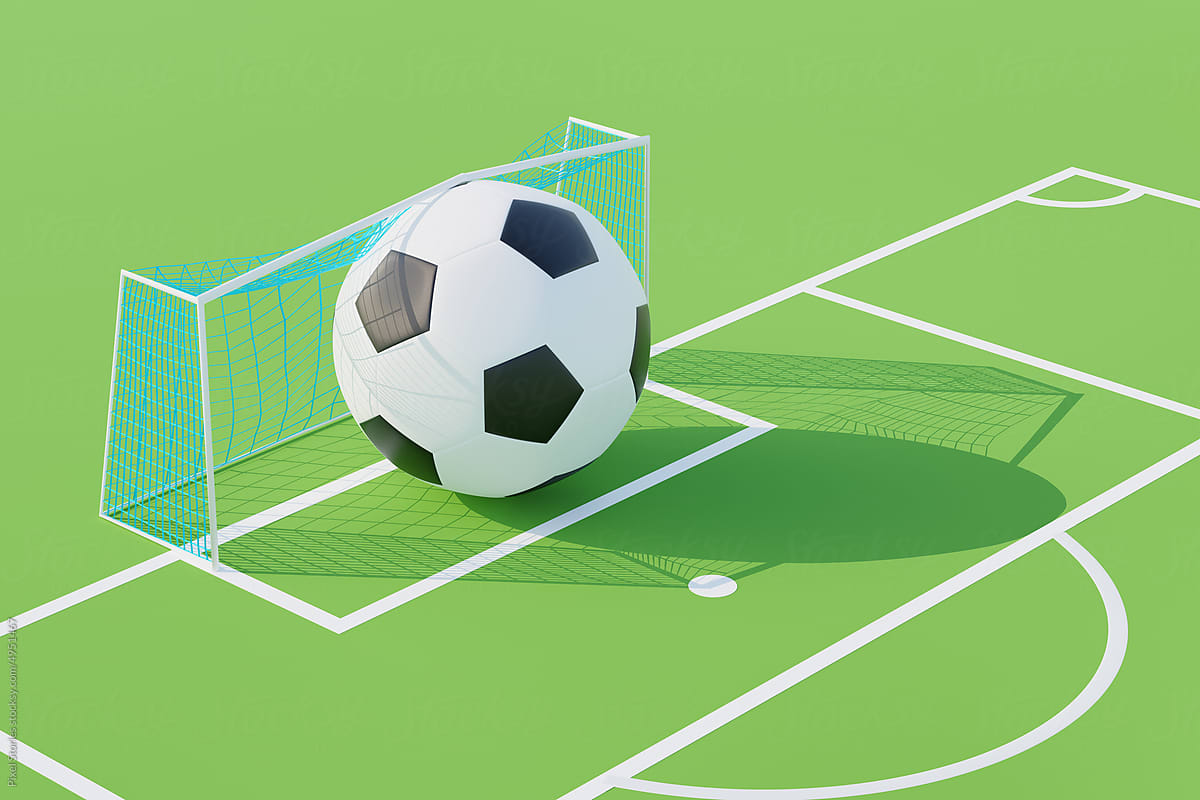 3D render of soccer concept. Giant soccer ball stuck in goal door.