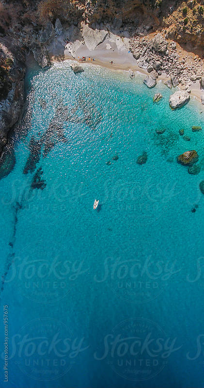 Aerial view of a boat in the mediterranean sea, Sardinia