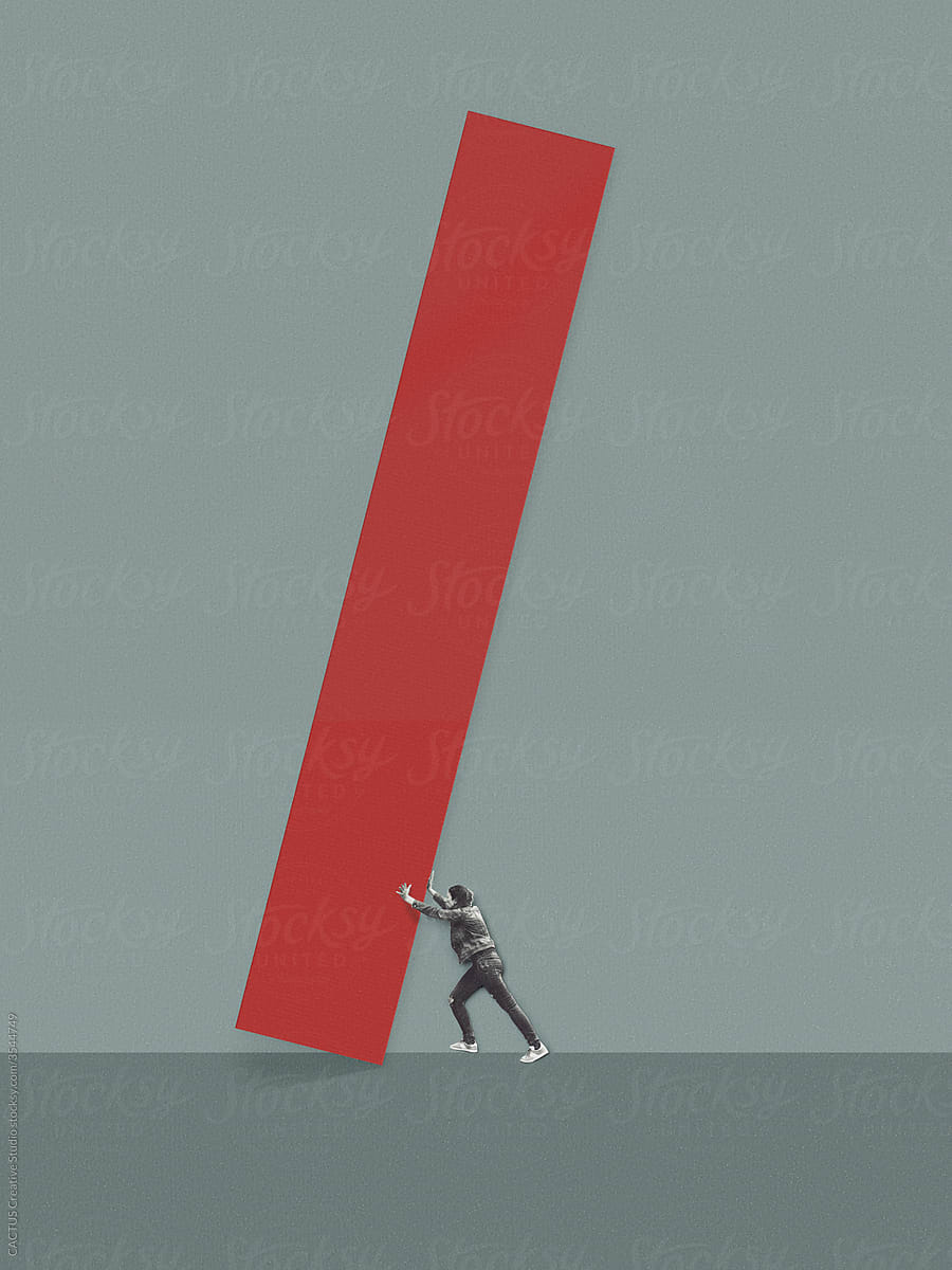 Collage. Large red rectangle held in balance by a woman