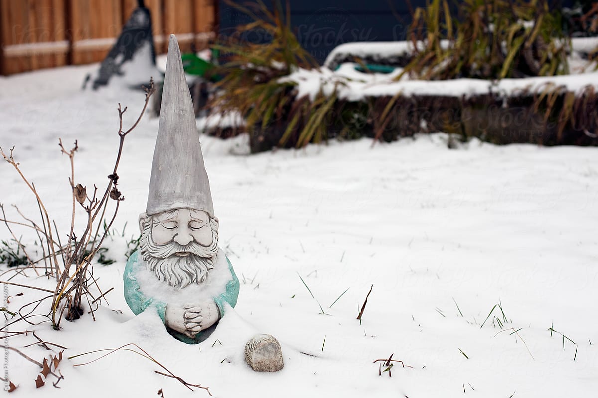 Gnome sits and naps in snow