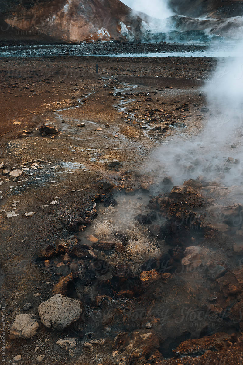 close up on hot spring boiled water, geysir geothermal area in Iceland