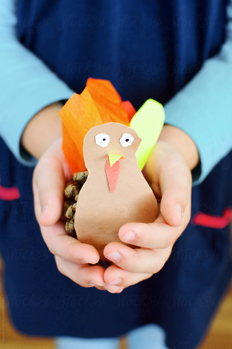 Child\'s homemade pinecone turkey craft.