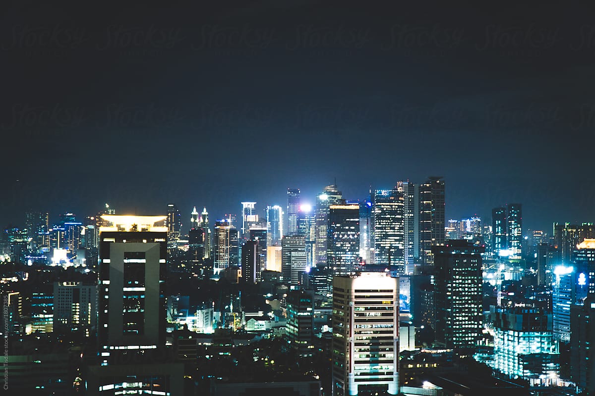 A nighttime city scape of the Jakarta skyline
