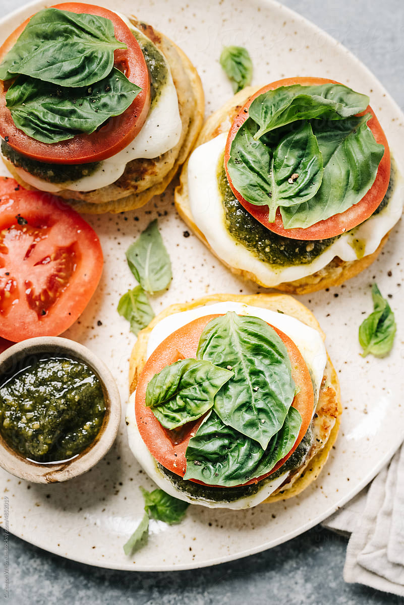 Overhead Open-Faced Grilled Chicken Caprese Burgers