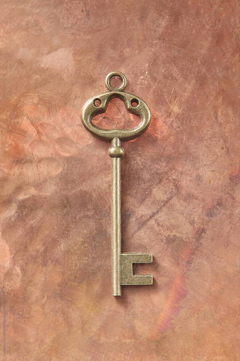 Vintage ornate key lying on textured background
