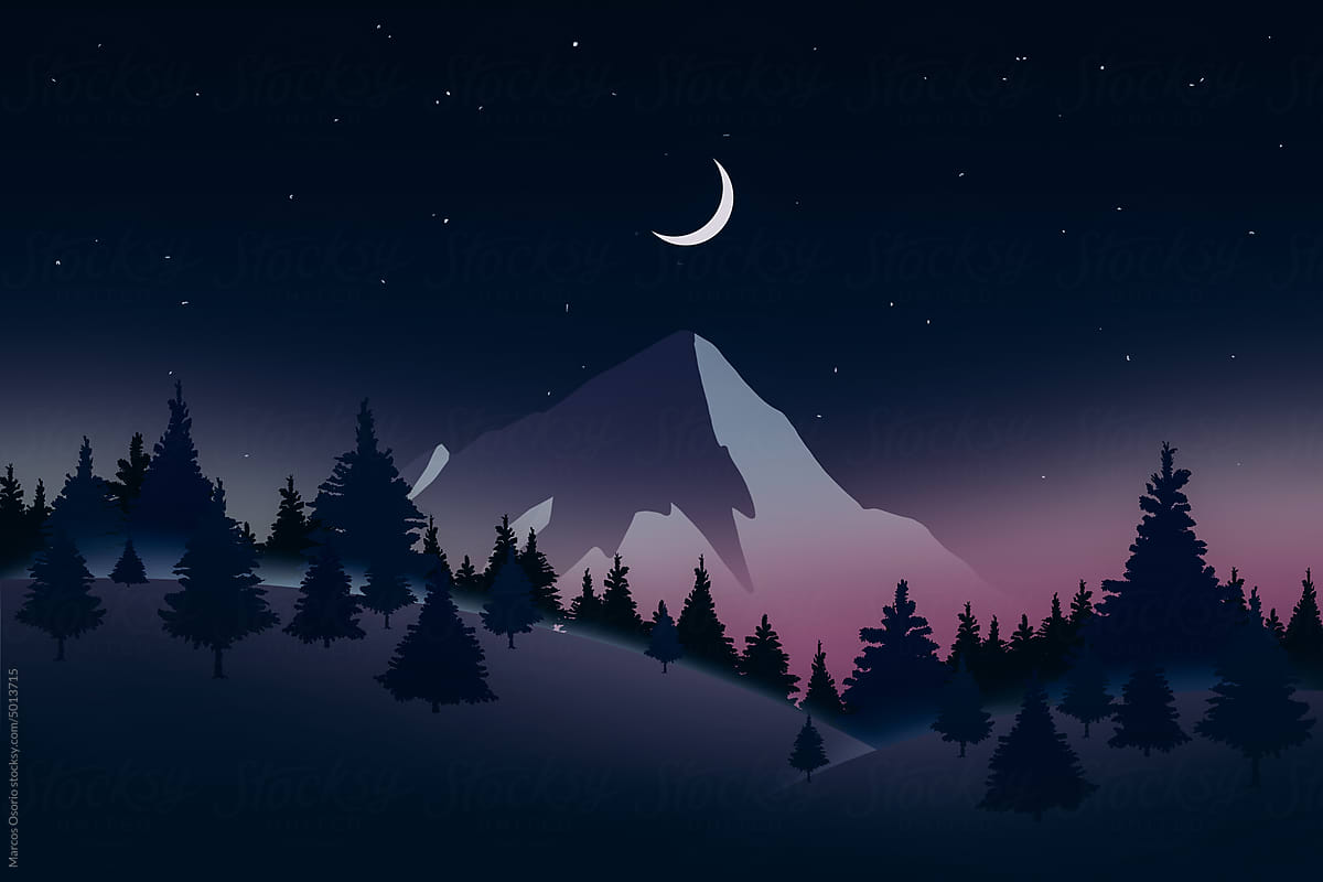 Snowy mountain under the moon and stars