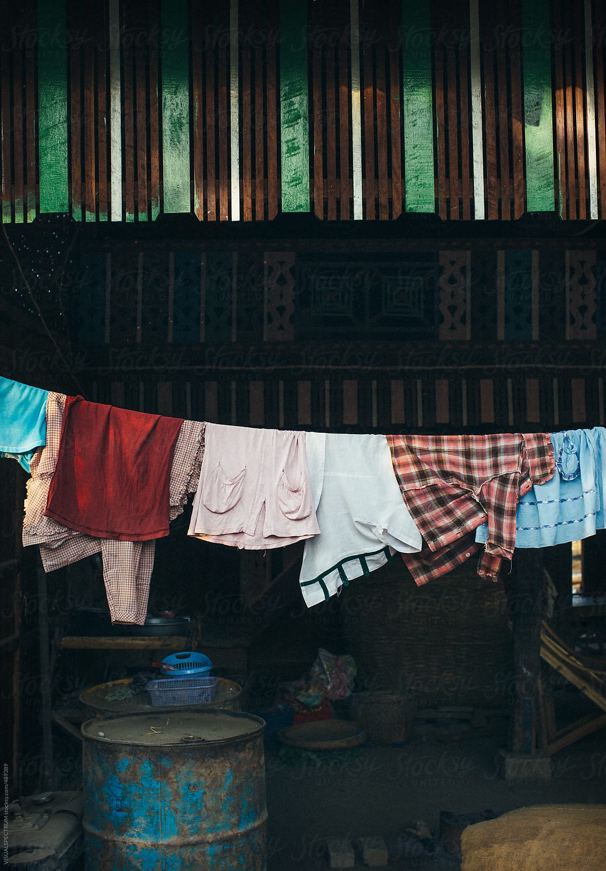 Clothes Hanging on Washing Line in Old Burmese Farmhouse