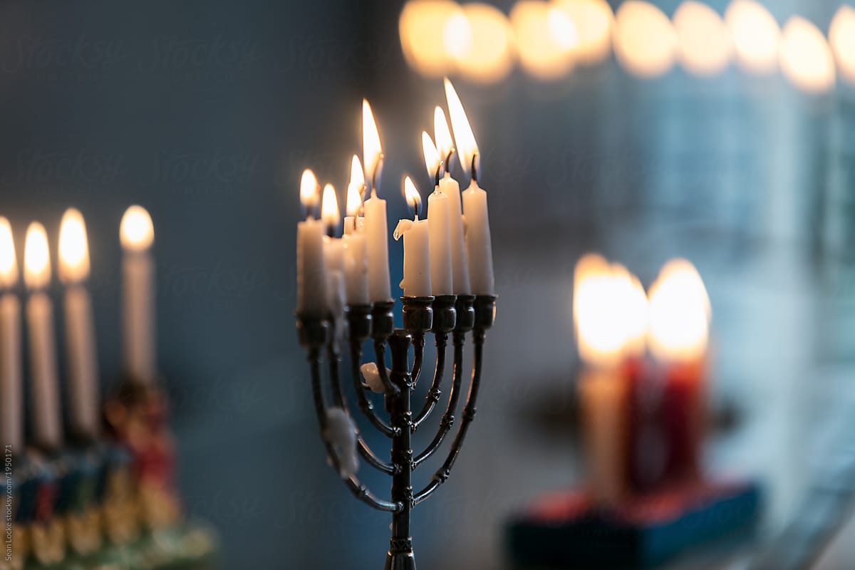 Hanukkah: Variety Of Holiday Menorahs With Lit Candles