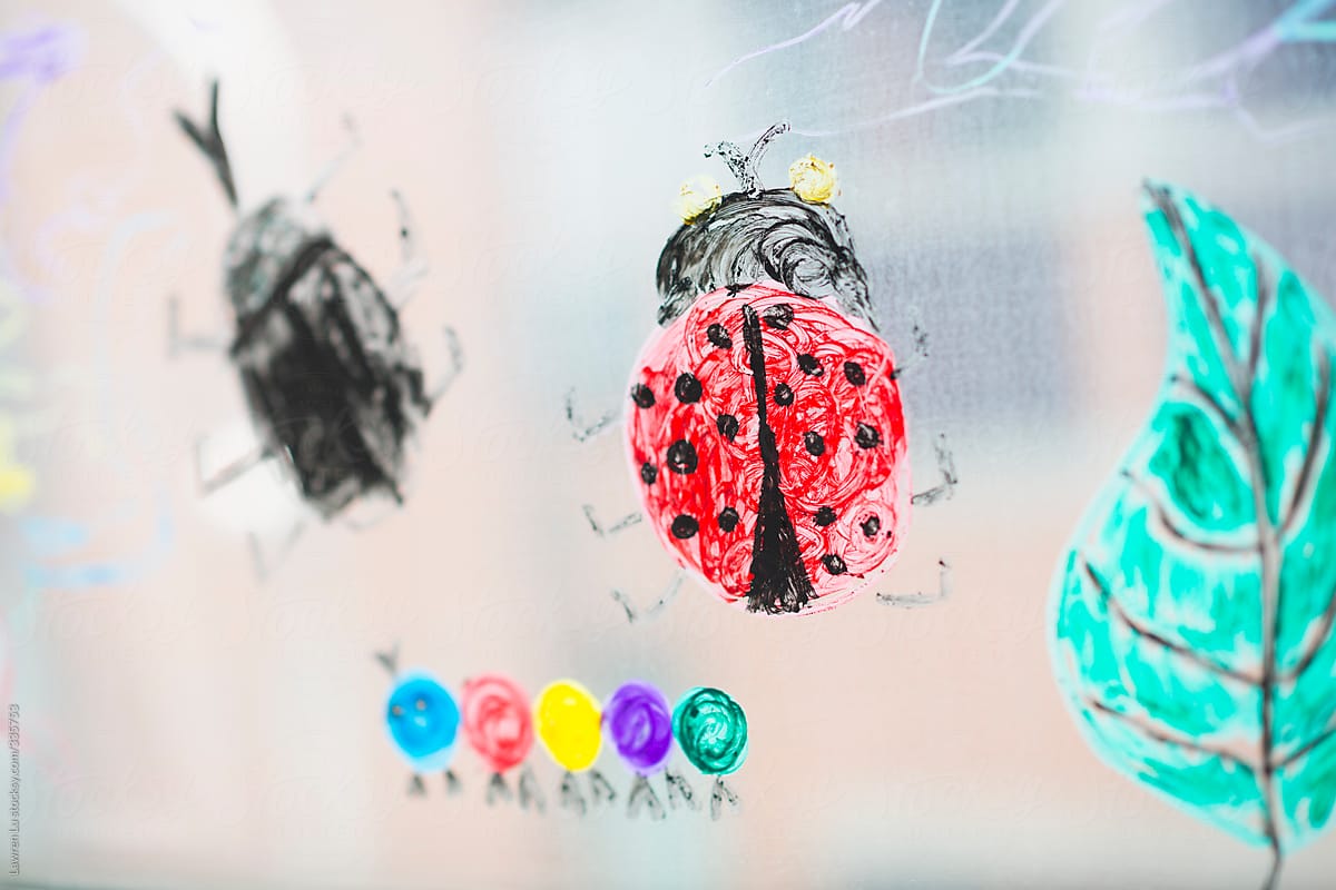 Colorful ladybug and beetle drawing on glass of window
