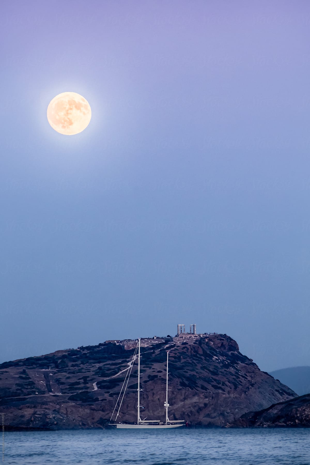 The Full Moon over Poseidon's Temple and Sailboat