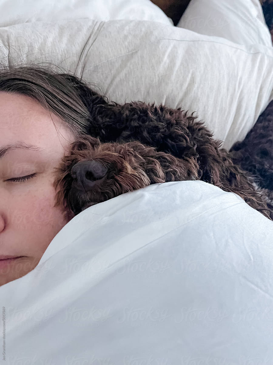 Dog sleeping on woman\'s head