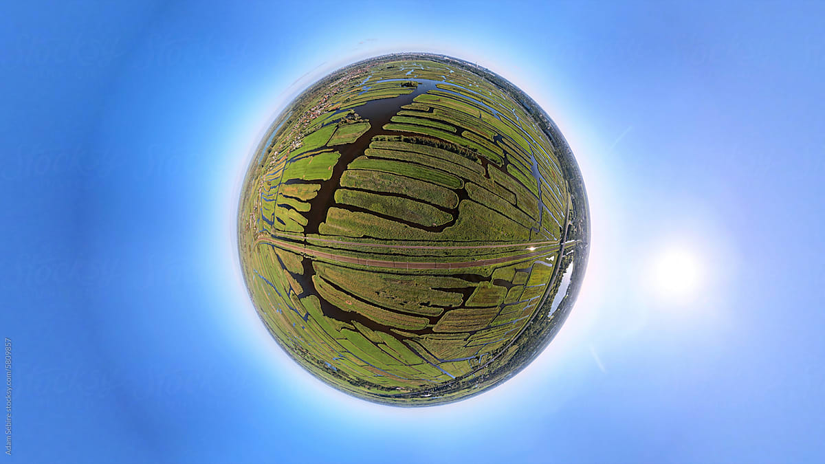 Tiny planet of Waterland, Netherlands polder reclaimed land for farms
