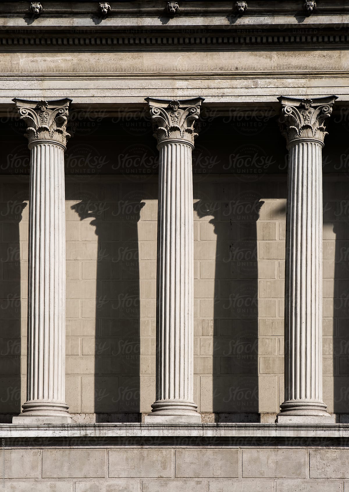 Sunlit Corinthian columns in a row with shadow