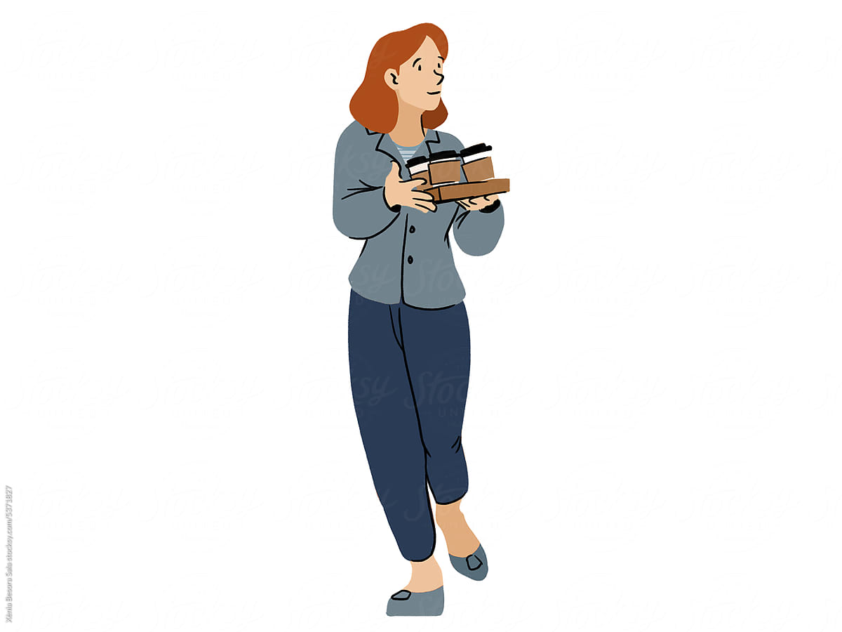Cartoon woman carrying cups of takeaway coffee