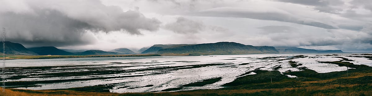 Icelandic Westfjord Coast Panorama on Moody Rainy Fall Day