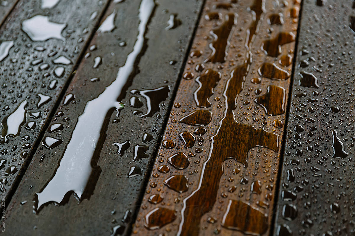 Water beading up on Hardwood Deck after Rainstorm