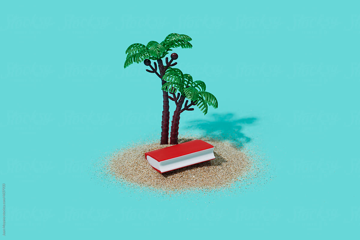 book in an island with palm trees