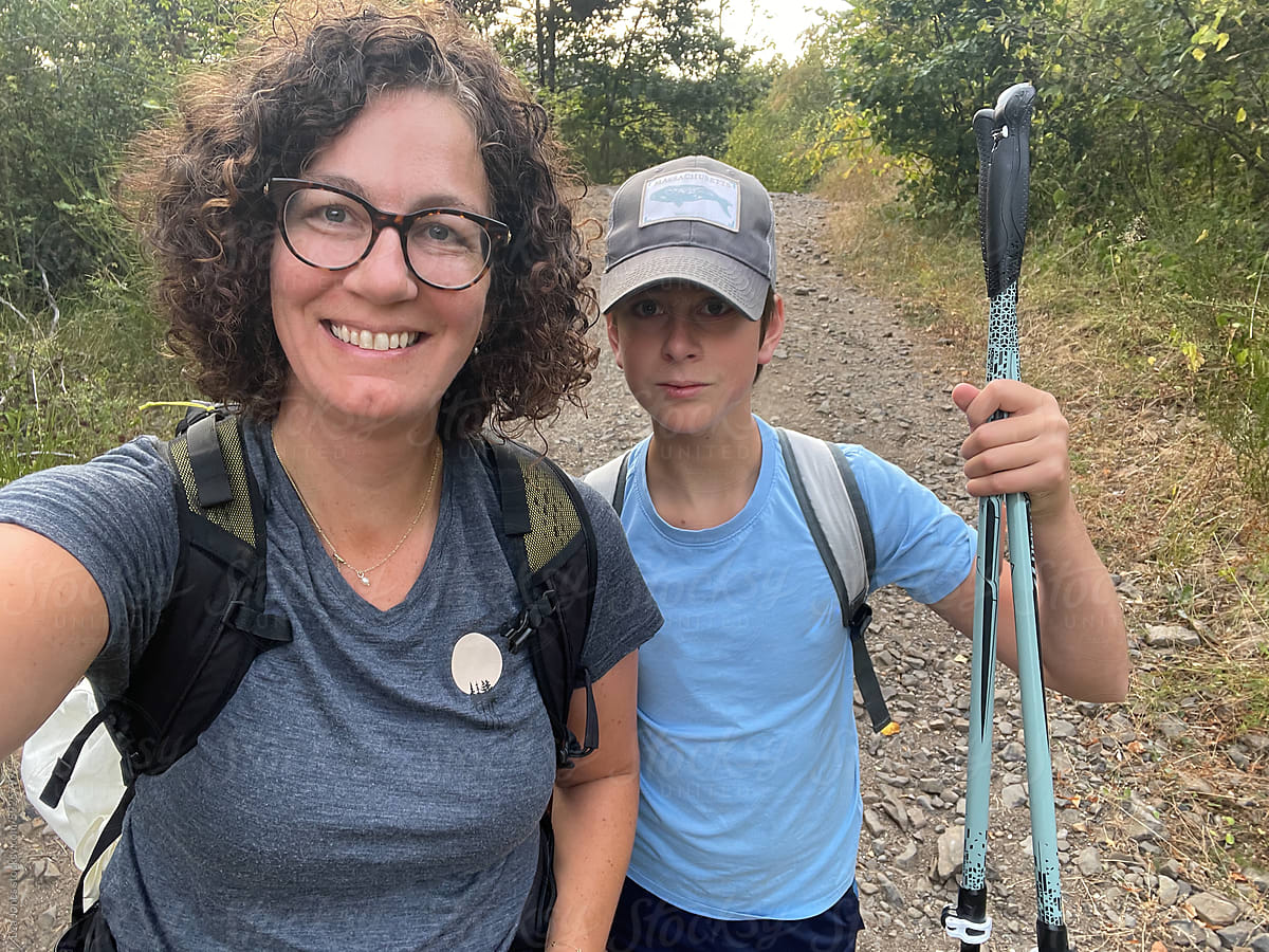 UGC of selfie on mother and son on backpacking hike in France