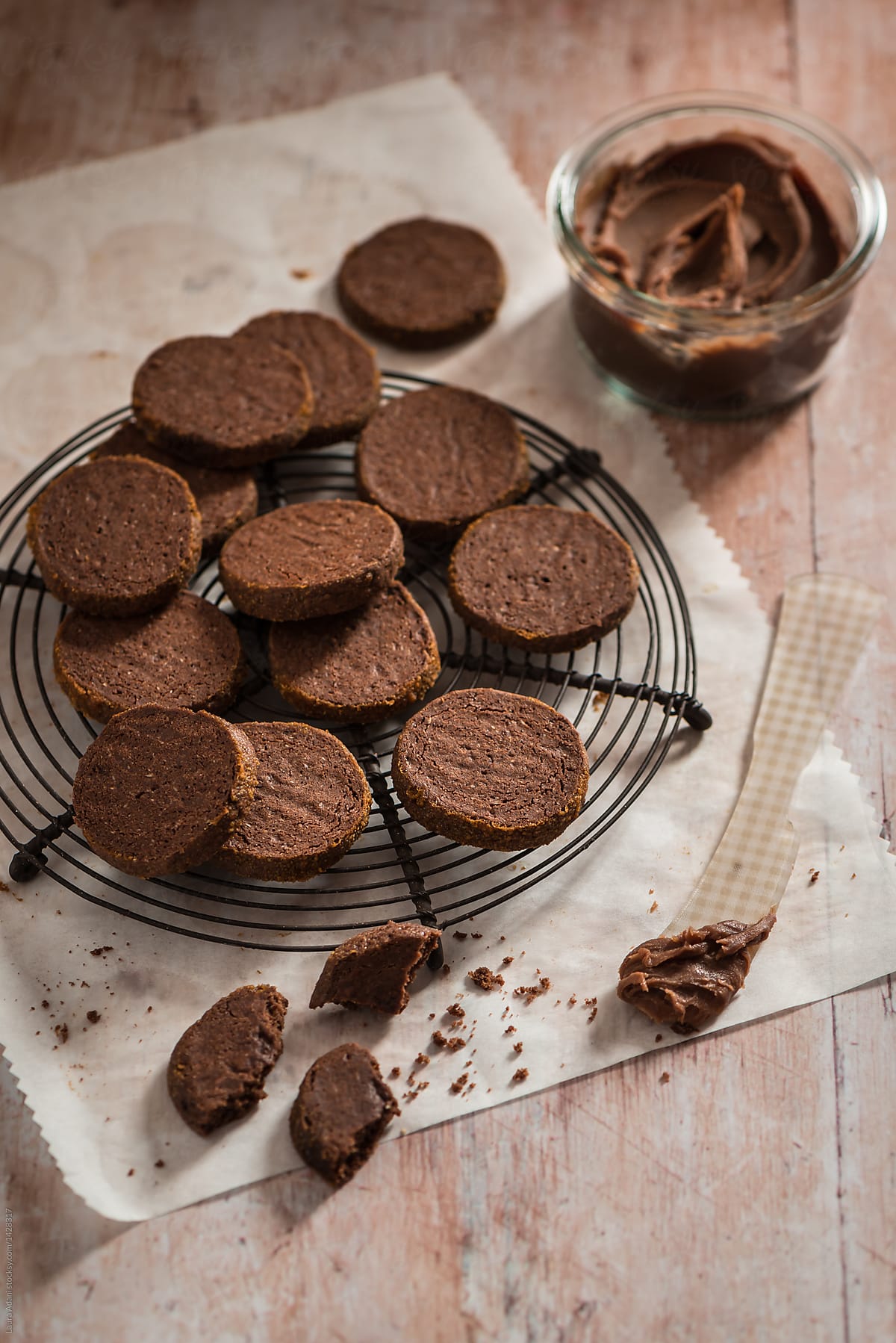 Cocoa cookies coated with chocolate salted caramel sauce