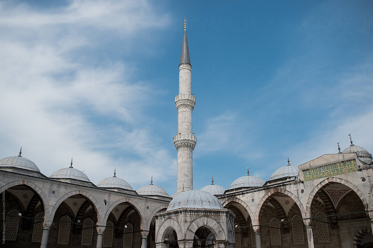 The Süleymaniye Mosque in Istanbul - tall minaret tower rising in the sky