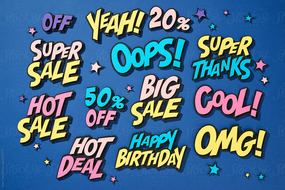 Sale promo discount shopping comic text speech bubble