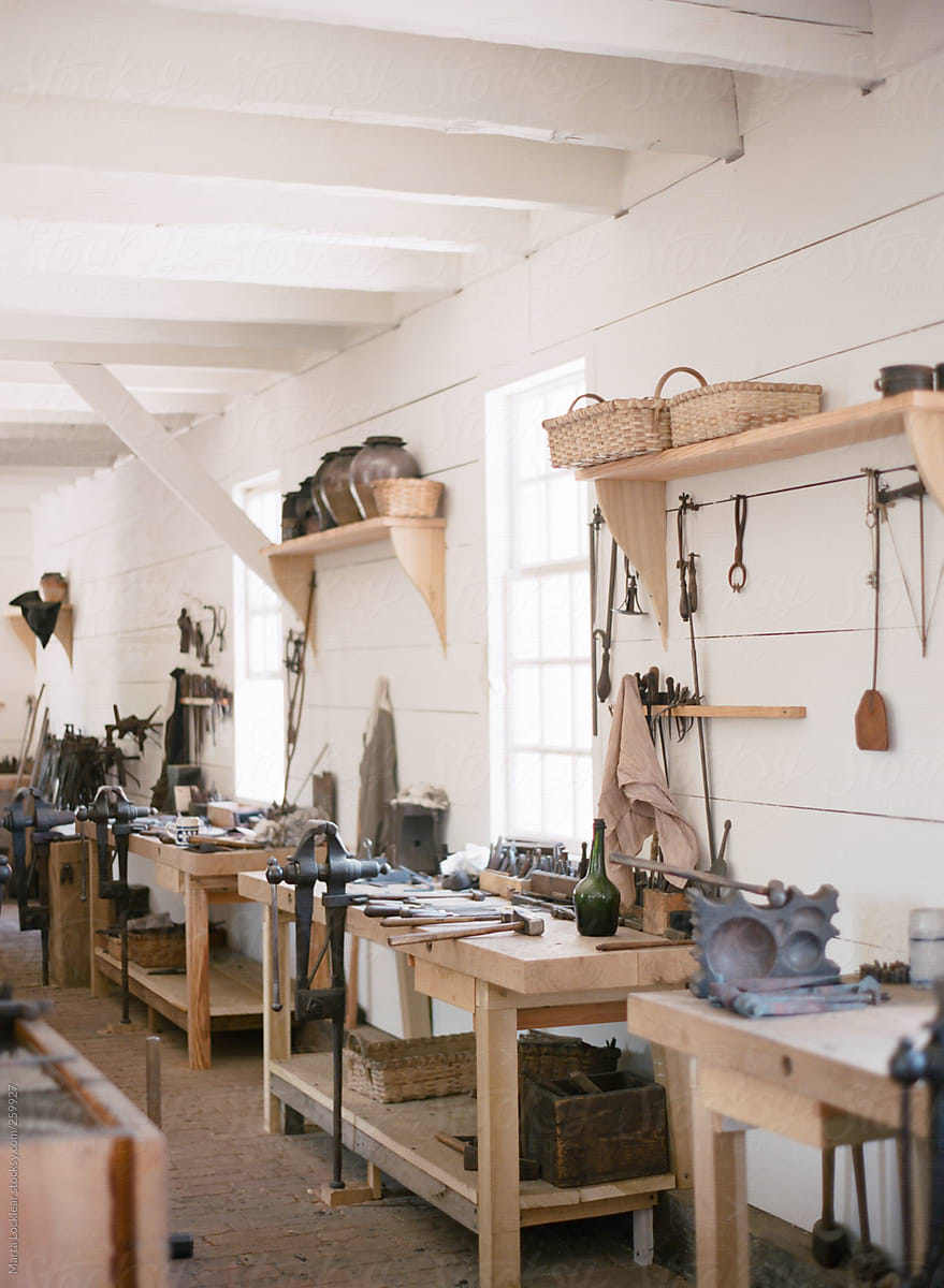 Old antique blacksmith workshop and workbenches