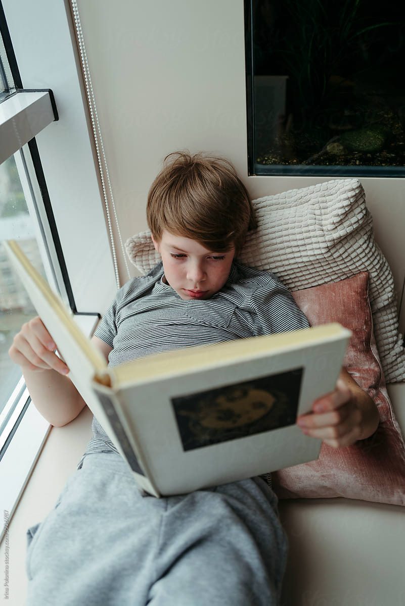 Young boy on windowsill with book.