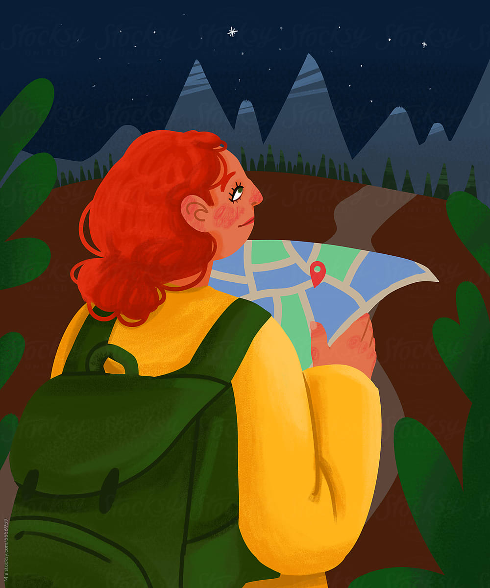 Adventurous Journey: Woman with Map in Forest