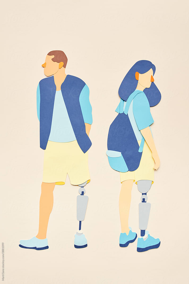 Cartoon man and woman with prosthetic legs