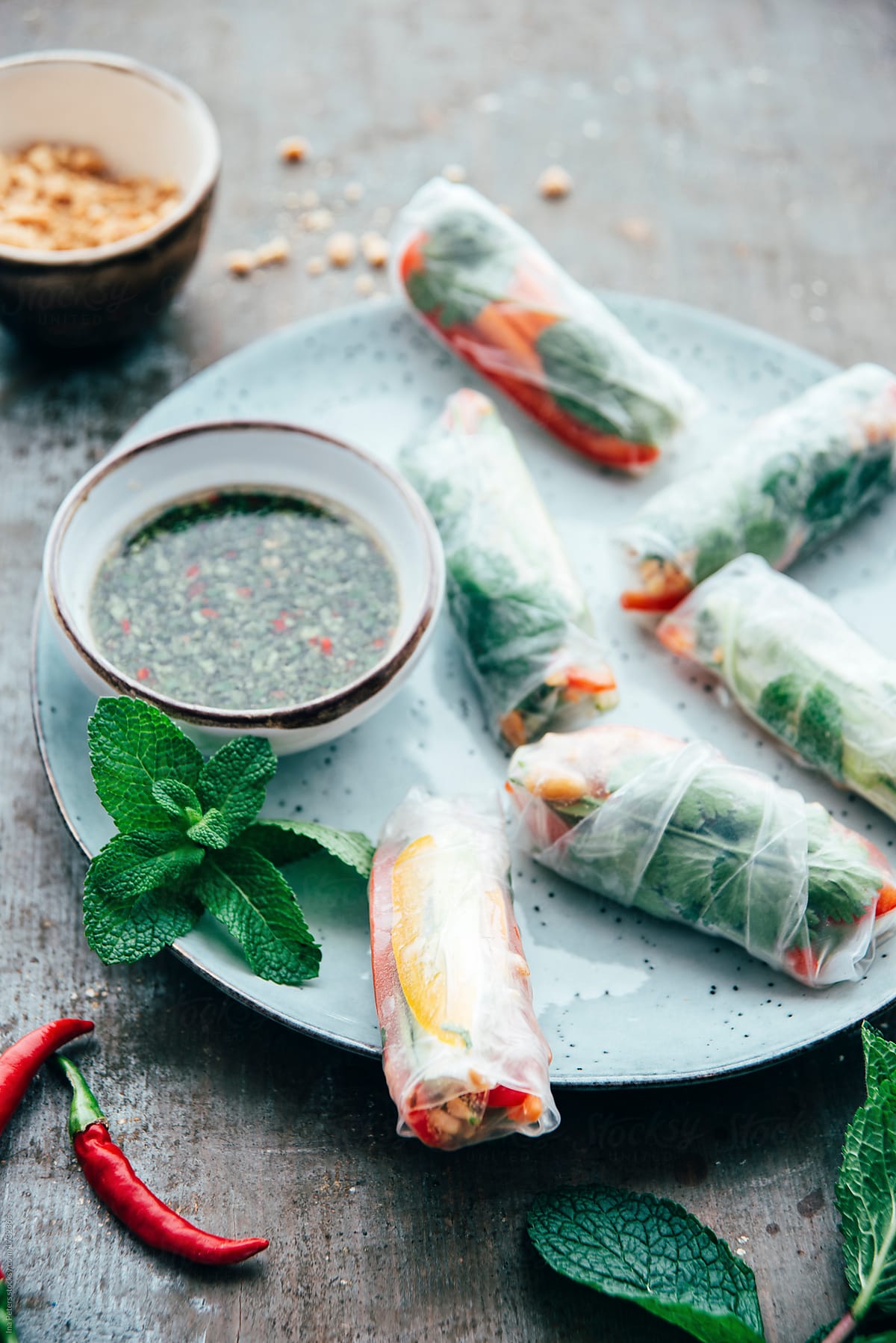 Food: Vietnamese summer roll with vegetables and sauce, vegan