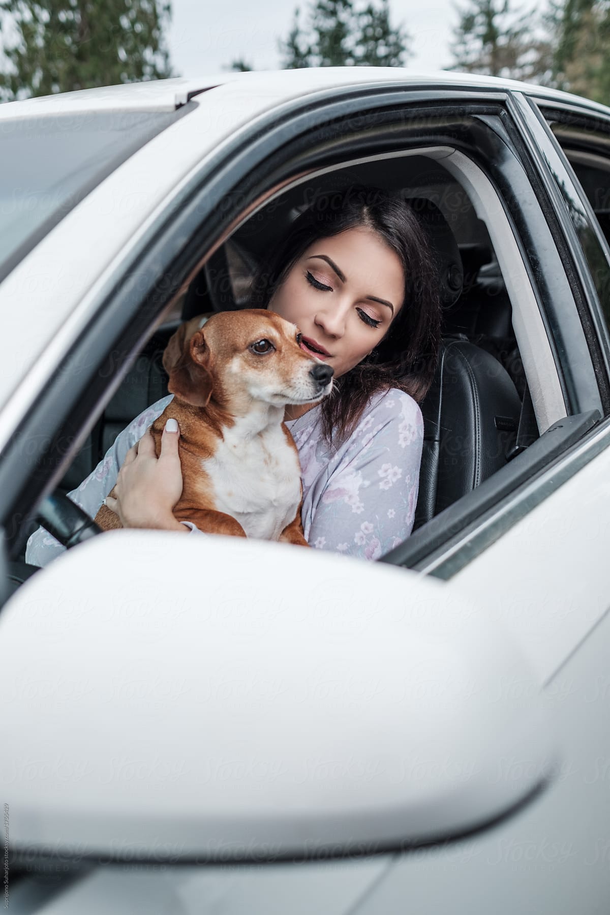 Beautiful Woman Playing With Her Dog in the Car