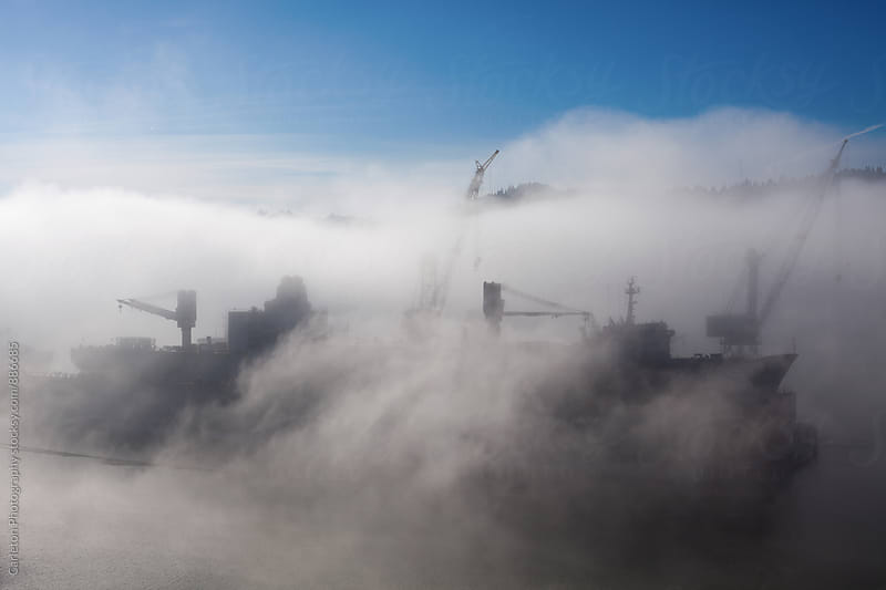 Ship in dry dock obscured by low cloud bank in Portland, Oregon