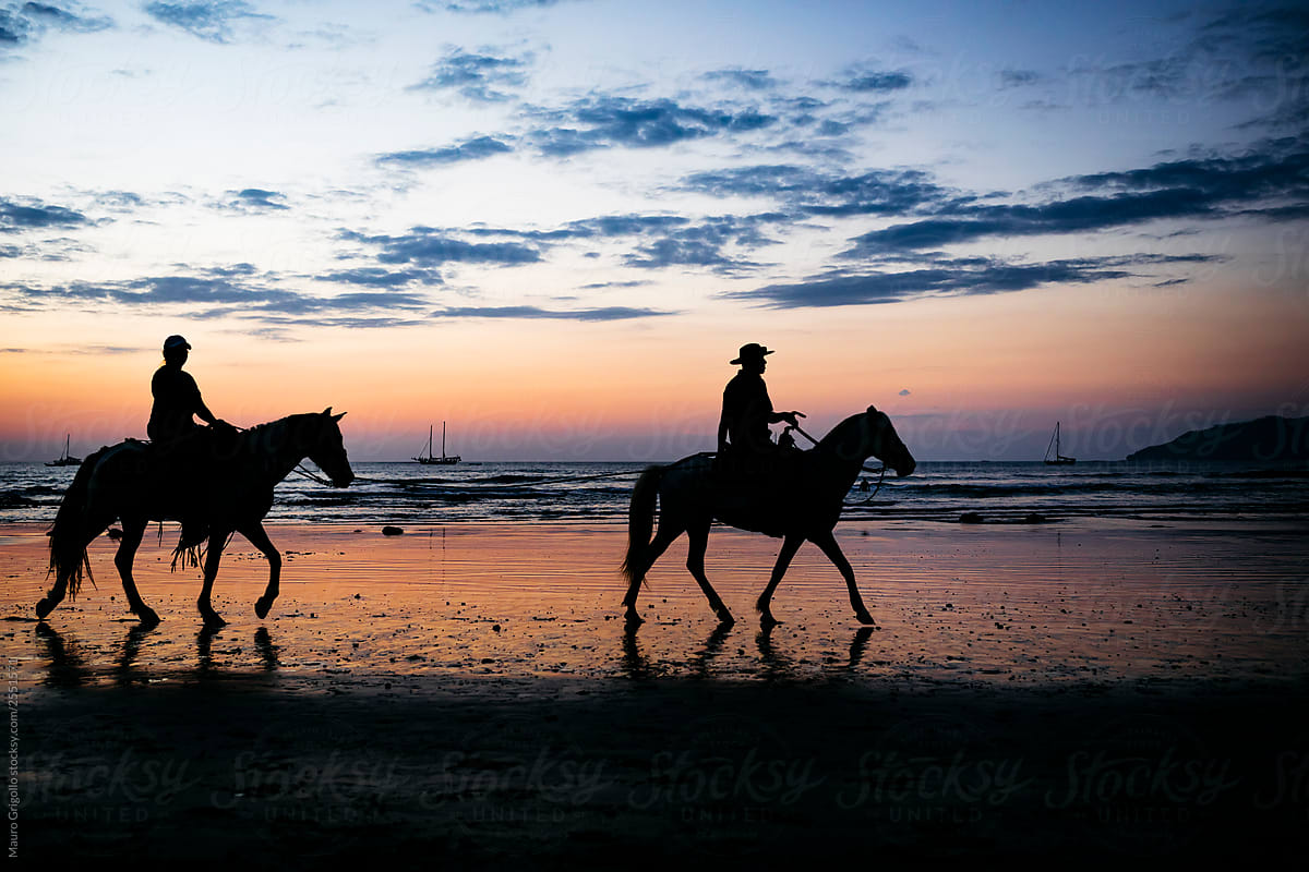 Silhouette of two people riding horses on the beach