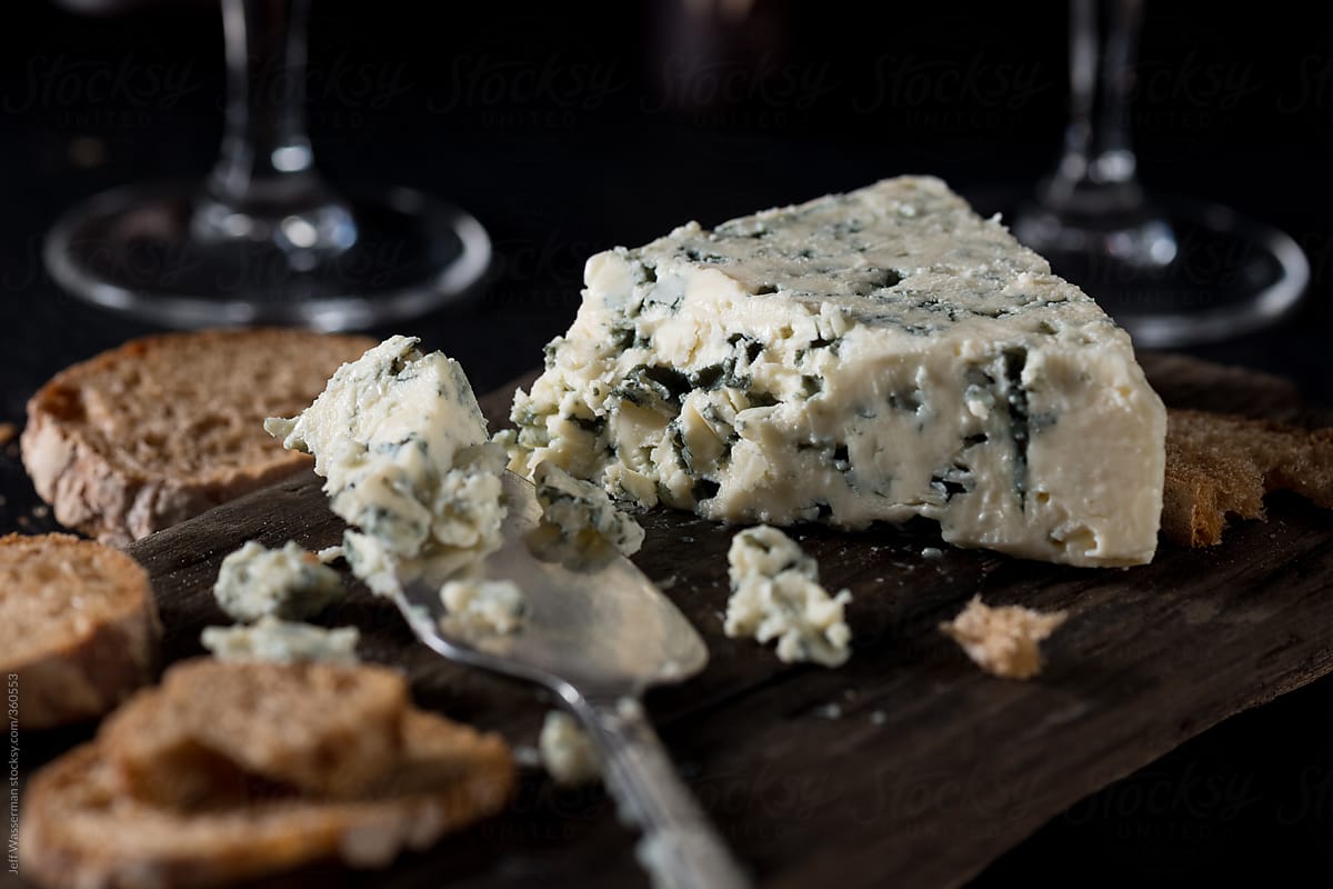 Blue Cheese with Baguette and  Red Wine
