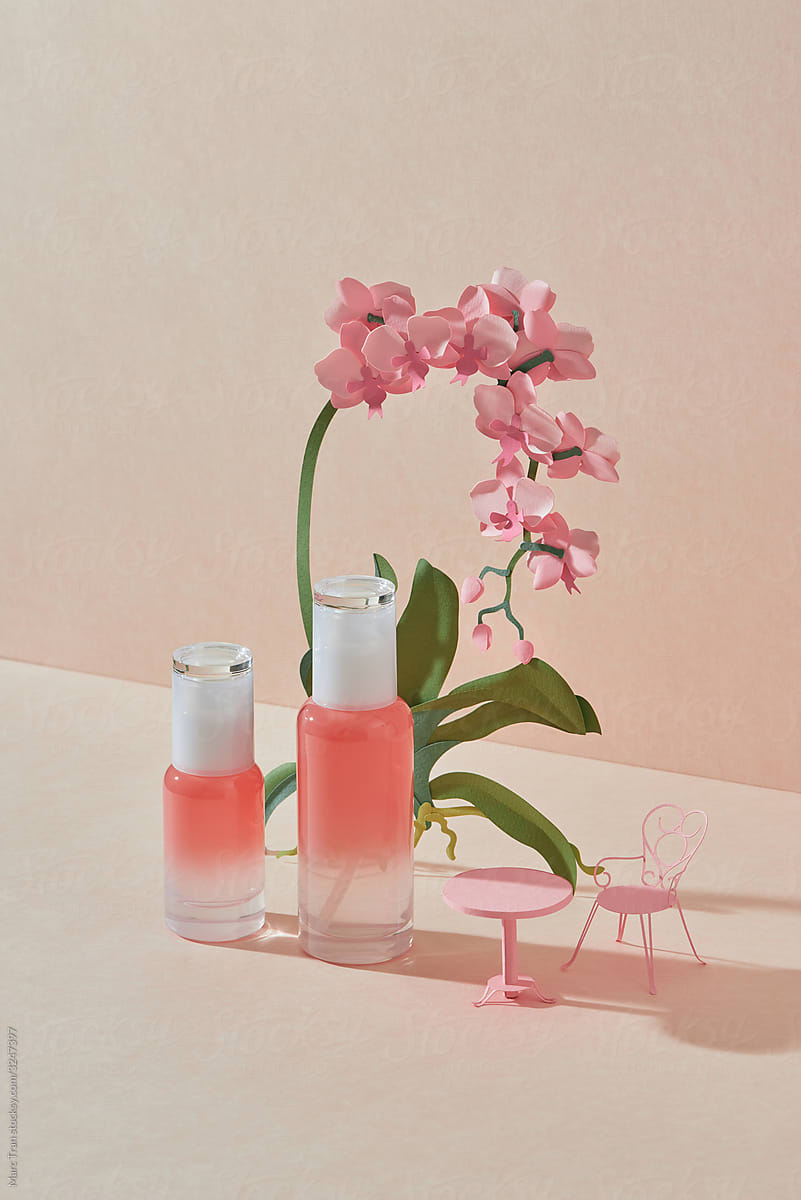 Pink natural cosmetics. Miniature concept.