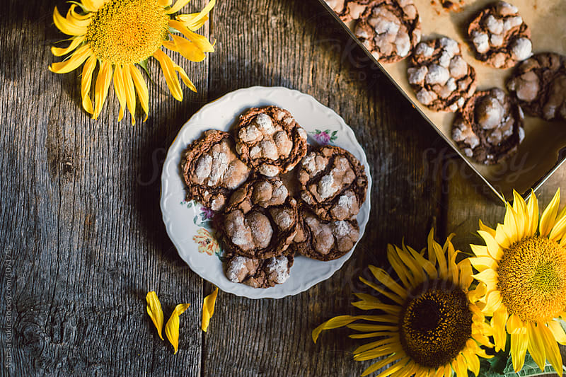 Chocolate chips cookies and sunflowers still life