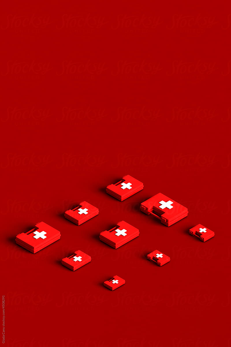 collection of White first aid kit with a red cross. 3d render