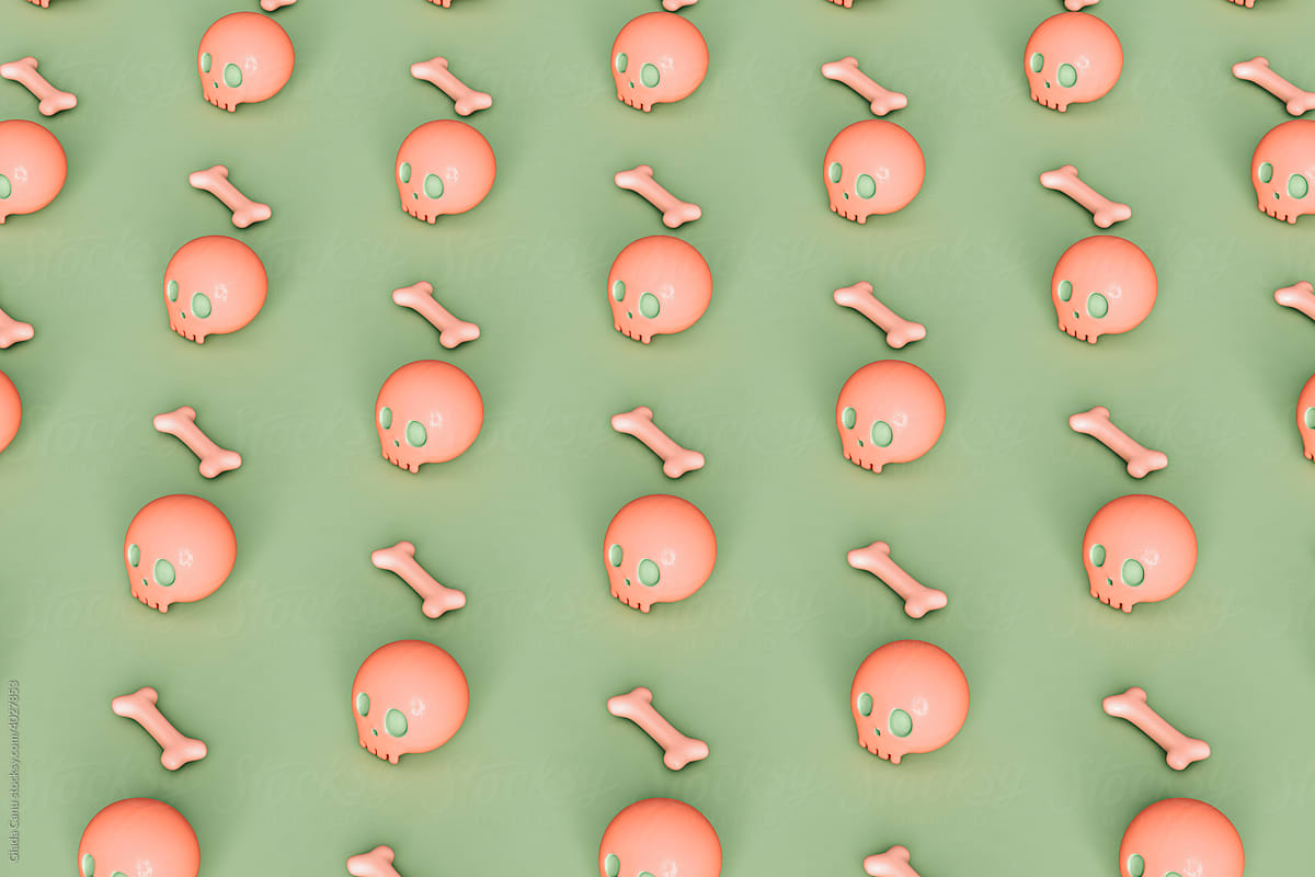 pattern of pink skulls and bone on green background